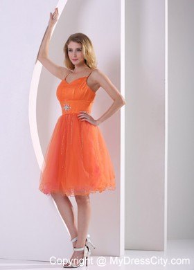 Orange Red Spagetti Straps Party Dress With Beading and Ruches