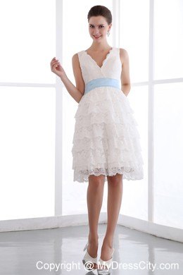 V-neck White Mini-length Lace Prom Party Dress with Sash