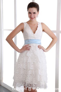 V-neck White Mini-length Lace Prom Party Dress with Sash