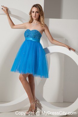 Blue Taffeta and Tulle Mini-length Beading Prom Dress