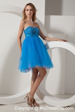 Blue Taffeta and Tulle Mini-length Beading Prom Dress