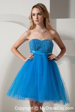 Blue Taffeta and Tulle Mini-length Beading Prom Dress