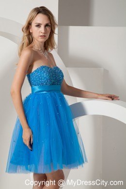 Blue Taffeta and Tulle Mini-length Beading Prom Dress