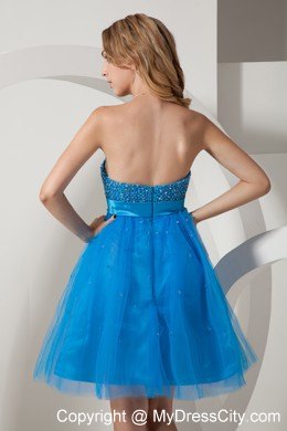 Blue Taffeta and Tulle Mini-length Beading Prom Dress