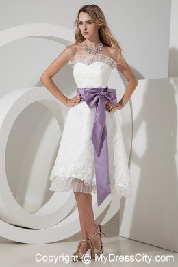 Princess Strapless Lace Tea-length Party Dress with Sash