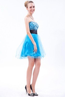 Aqua Tulle Beading Mini-length Party Dress with Strapless