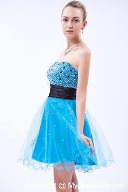 Aqua Tulle Beading Mini-length Party Dress with Strapless