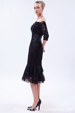 Off the Shoulder Tea-length Lace Party Dress with Half Sleeves