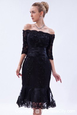 Off the Shoulder Tea-length Lace Party Dress with Half Sleeves