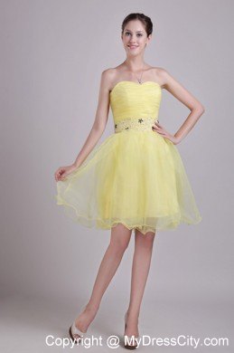 Yellow Beaded Decorate Waist Short Organza Dress for Party