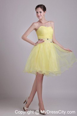 Yellow Beaded Decorate Waist Short Organza Dress for Party