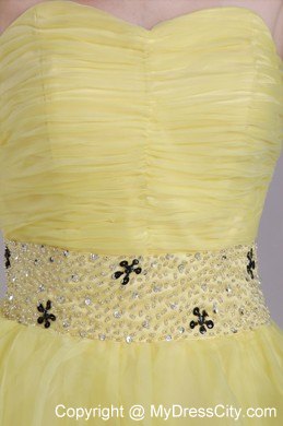 Yellow Beaded Decorate Waist Short Organza Dress for Party