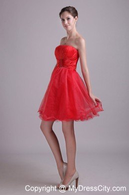 Organza Red Strapless Short Party Cocktail Dress with Beading