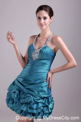 Rhinestone A-Line Teal Halter Mini-length Party Prom Dress