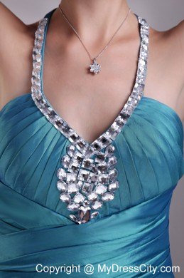 Rhinestone A-Line Teal Halter Mini-length Party Prom Dress