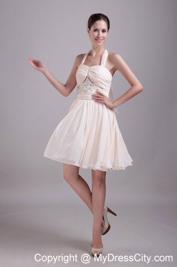 Halter Empire Knee-length Beading Party Dress in Cream Colored