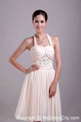 Halter Empire Knee-length Beading Party Dress in Cream Colored