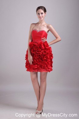 Sweetheart Red Column Mini Satin Beading Prom Dress for Party