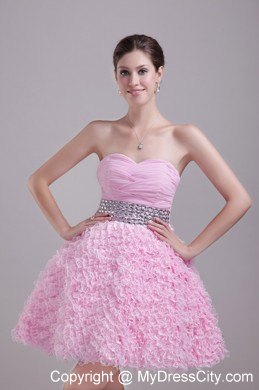 Beaded Decorate Waist Nylon Lace Baby Pink Party Dress