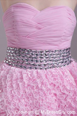 Beaded Decorate Waist Nylon Lace Baby Pink Party Dress