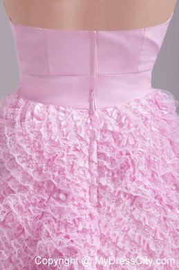 Beaded Decorate Waist Nylon Lace Baby Pink Party Dress