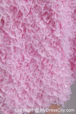 Beaded Decorate Waist Nylon Lace Baby Pink Party Dress