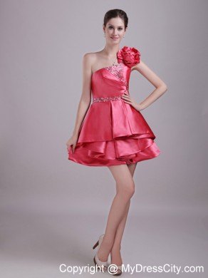 A-Line Red One Shoulder Flower Mini-length Party Prom Dress