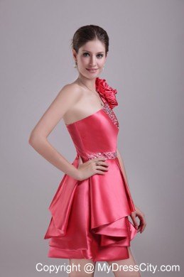 A-Line Red One Shoulder Flower Mini-length Party Prom Dress