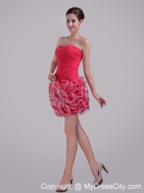 Red Column Strapless Mini-length Tulle Ruffles Party Dress