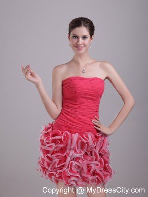 Red Column Strapless Mini-length Tulle Ruffles Party Dress