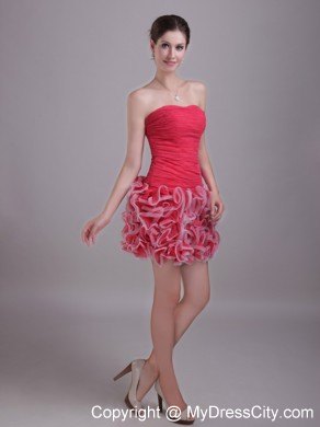 Red Column Strapless Mini-length Tulle Ruffles Party Dress