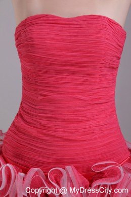 Red Column Strapless Mini-length Tulle Ruffles Party Dress