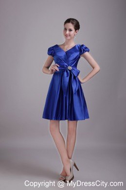 Princess Blue V-neck Short Party Dress with Short Sleeves