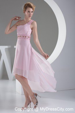 Baby Pink High Low Prom Dress with Beaded Decorate Shoulder