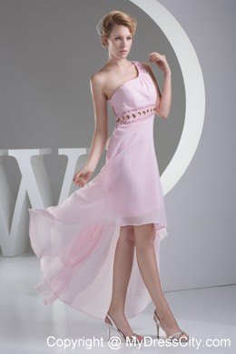 Baby Pink High Low Prom Dress with Beaded Decorate Shoulder