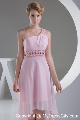 Baby Pink High Low Prom Dress with Beaded Decorate Shoulder