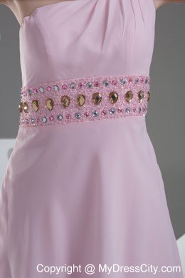 Baby Pink High Low Prom Dress with Beaded Decorate Shoulder