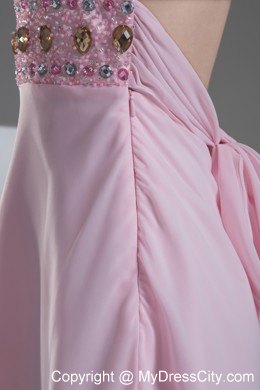 Baby Pink High Low Prom Dress with Beaded Decorate Shoulder