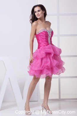 Knee-length Beading and Ruffled Layers Hot Pink Party Dress