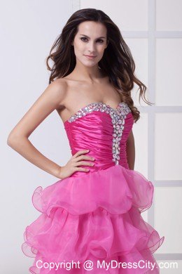 Knee-length Beading and Ruffled Layers Hot Pink Party Dress