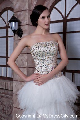 White Asymmetrical Beading Party Evening Dress with Tulle