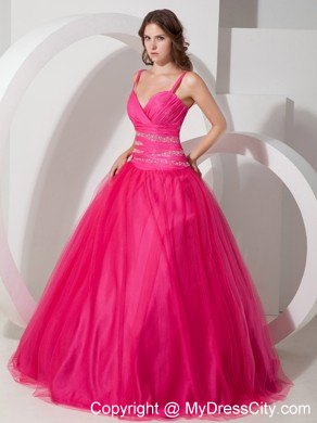 Spaghetti Straps Coral Red Tulle Quinceanera Dress with Beading