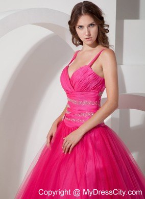 Spaghetti Straps Coral Red Tulle Quinceanera Dress with Beading