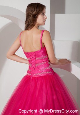 Spaghetti Straps Coral Red Tulle Quinceanera Dress with Beading