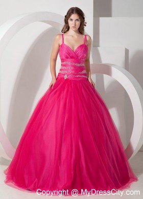 Spaghetti Straps Coral Red Tulle Quinceanera Dress with Beading