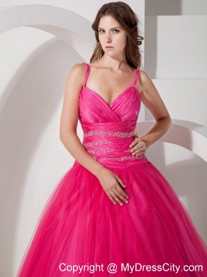 Spaghetti Straps Coral Red Tulle Quinceanera Dress with Beading