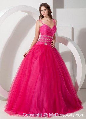 Spaghetti Straps Coral Red Tulle Quinceanera Dress with Beading