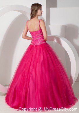 Spaghetti Straps Coral Red Tulle Quinceanera Dress with Beading