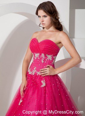 Coral Red Sweetheart Tulle Appliques and Beading Quinceanera Dress