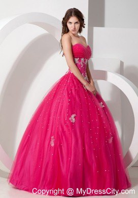 Coral Red Sweetheart Tulle Appliques and Beading Quinceanera Dress